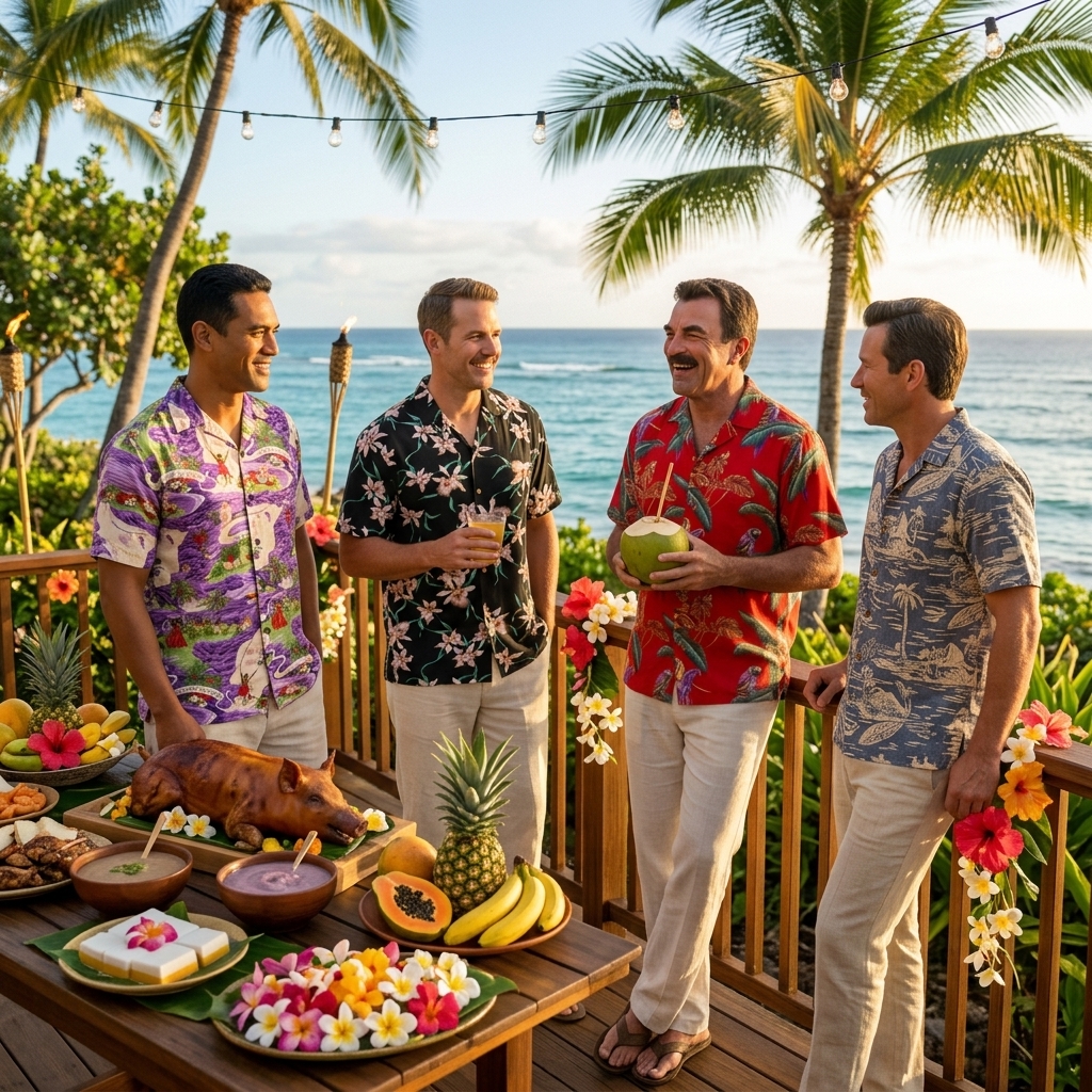 Man wearing an aloha shirt at an outdoor waterfront restaurant in Hawaii