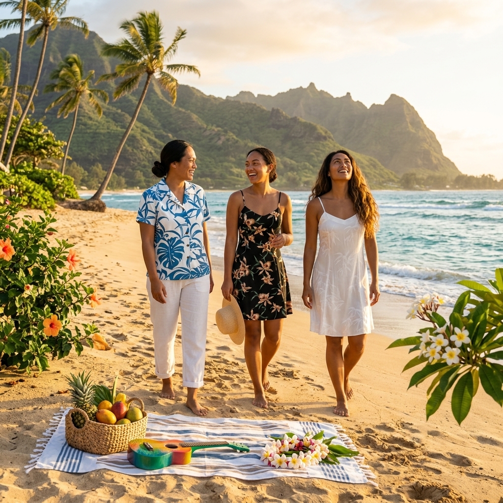 Woman wearing a floral sundress on a tropical beach in Hawaii