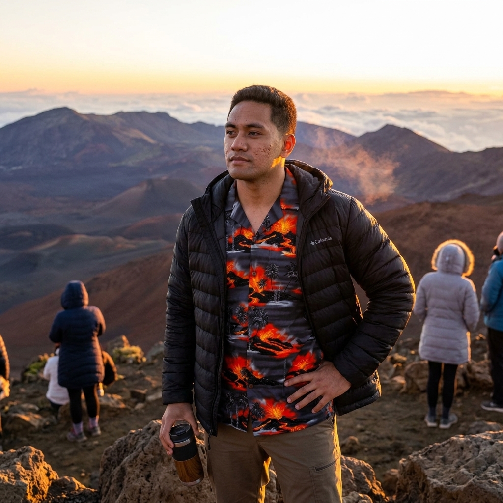 Haleakala volcano summit crater at sunrise in Maui, Hawaii — cold temperatures require warm clothing