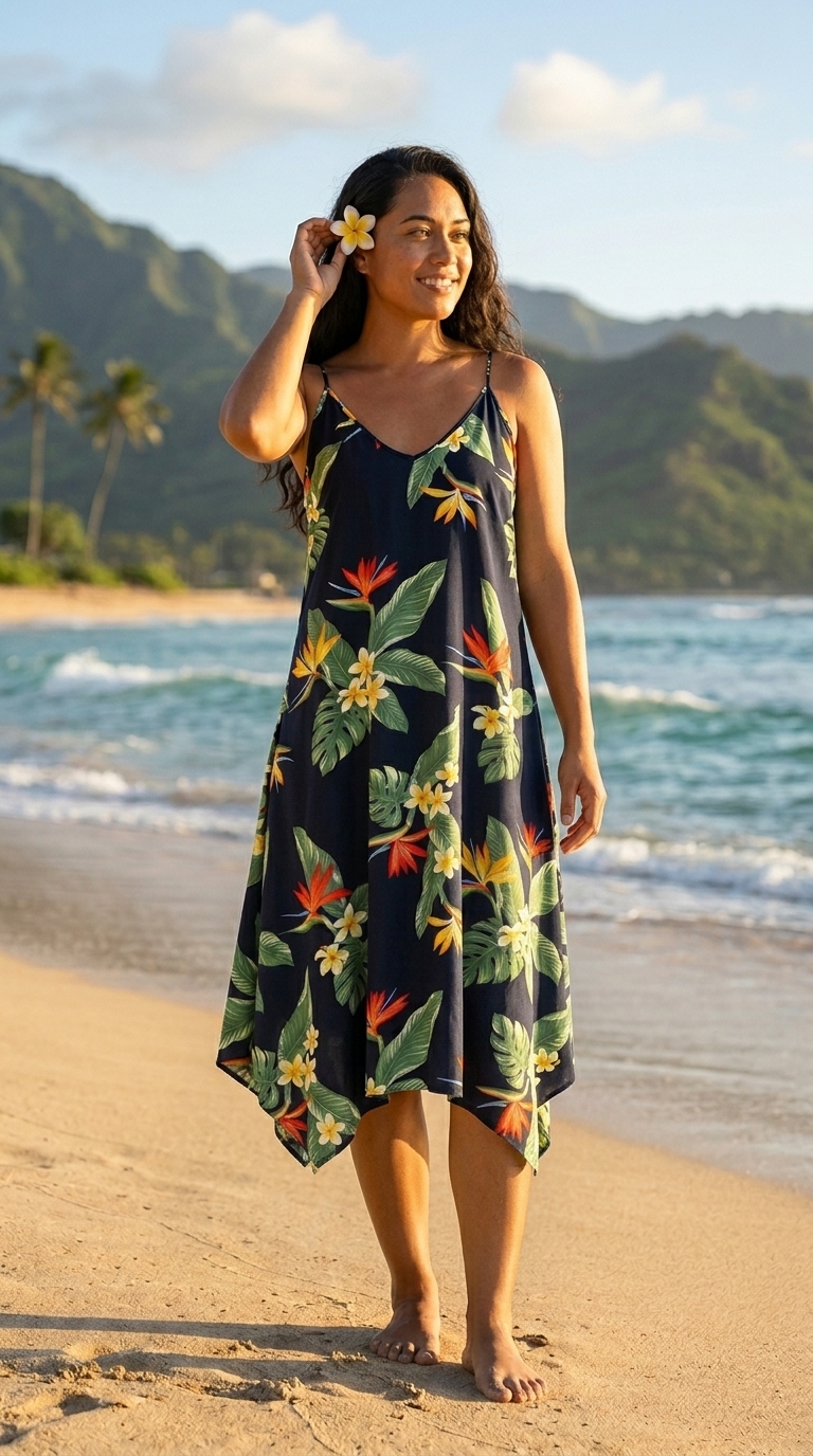 Woman in a floral Hawaiian dress walking on a beach in Hawaii