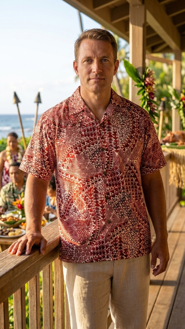 Go Barefoot tapa tats Hawaiian men's cotton aloha shirt