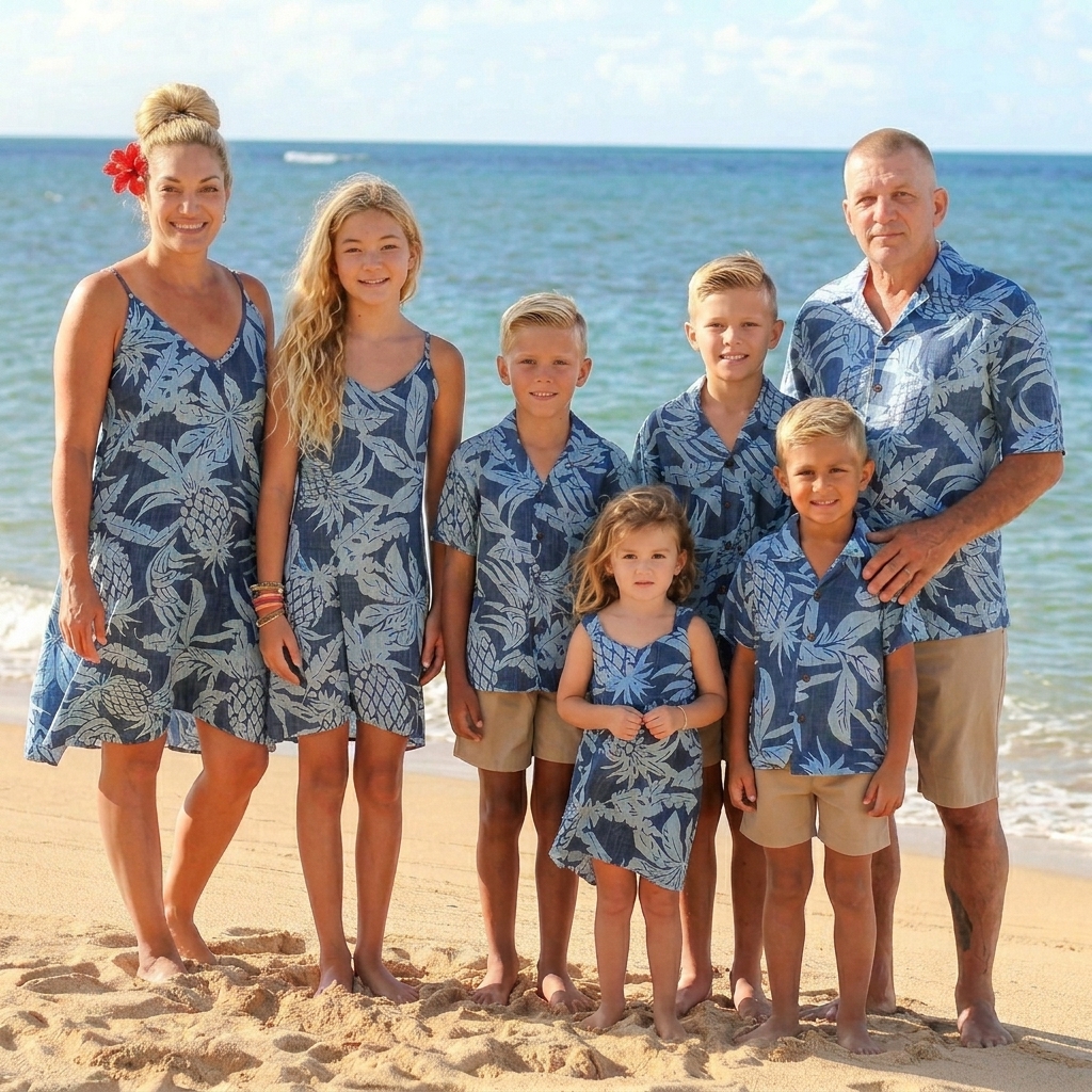 Family wearing coordinating Hawaiian print clothing on a beach in Hawaii
