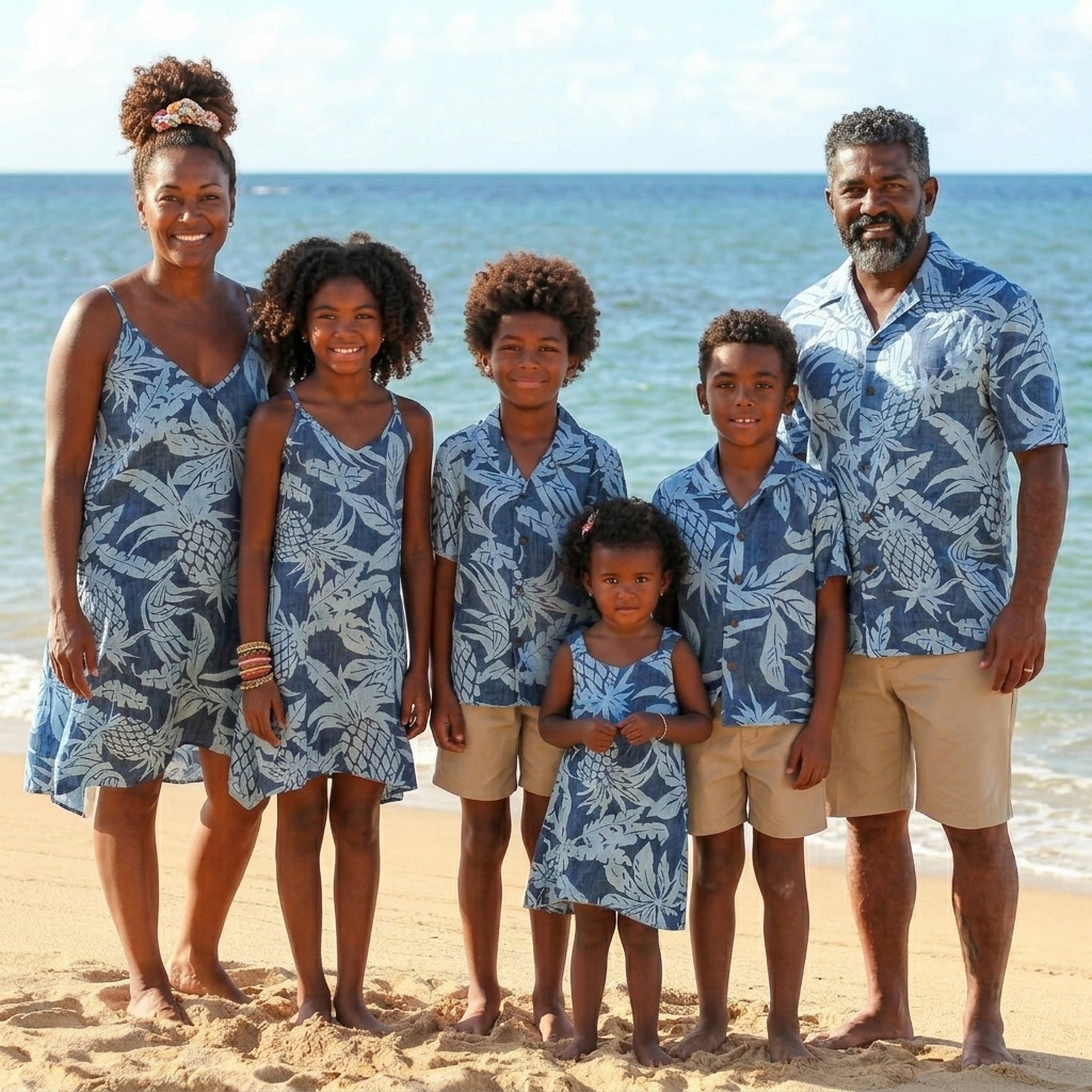 The Pacheco family in matching aqua hibiscus aloha wear