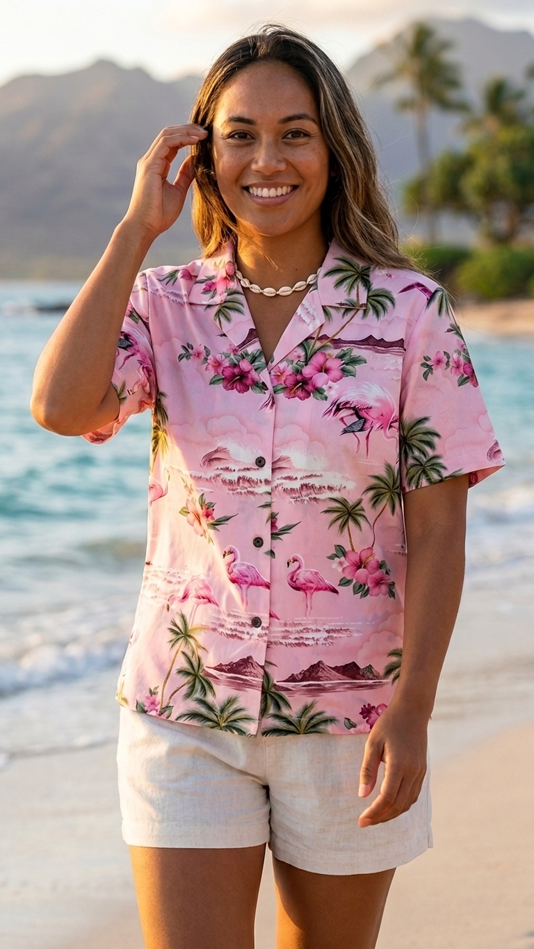 Pink flamingo hibiscus women's Hawaiian camp shirt — cotton