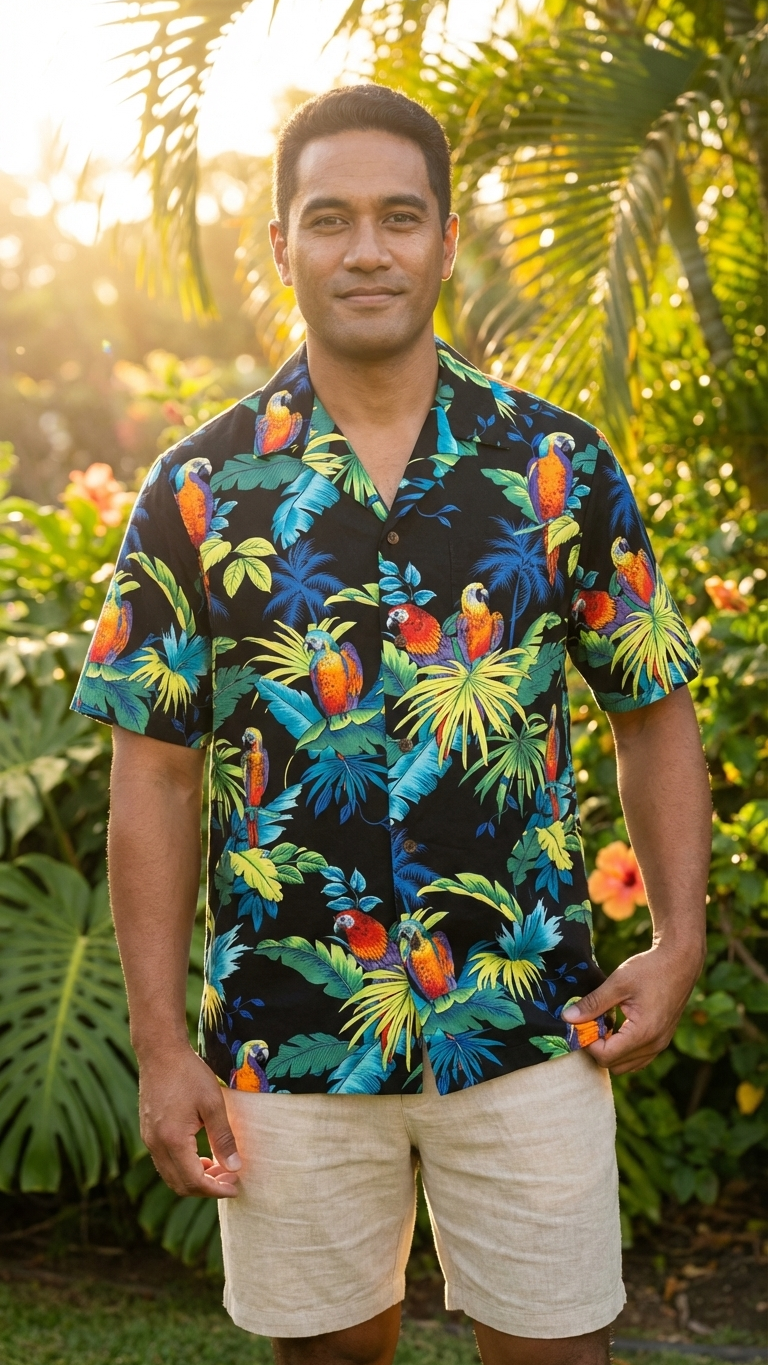 Man wearing authentic RJC Hawaiian shirt — born in Hawaii, made for life