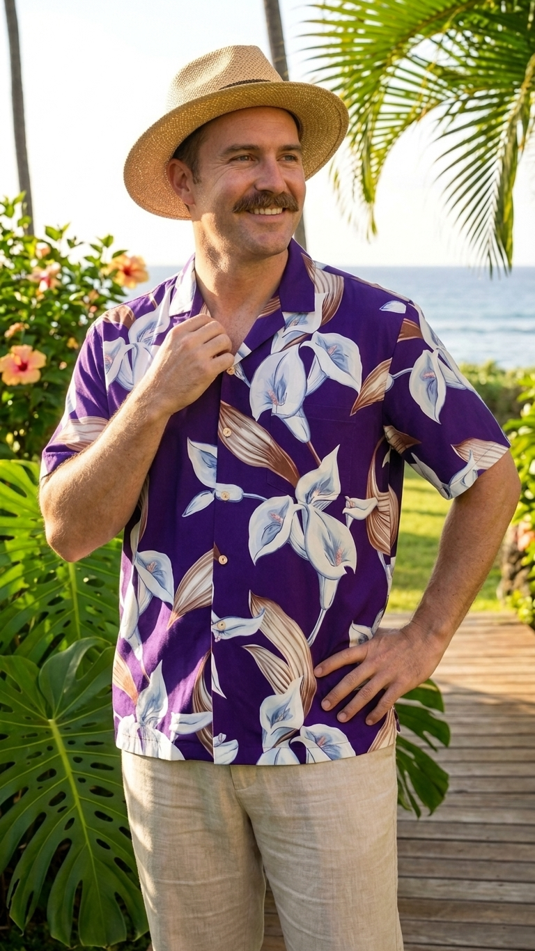 Man wearing dark floral rayon Hawaiian shirt — 100% fluid rayon, bamboo wood buttons, AlohaClothes