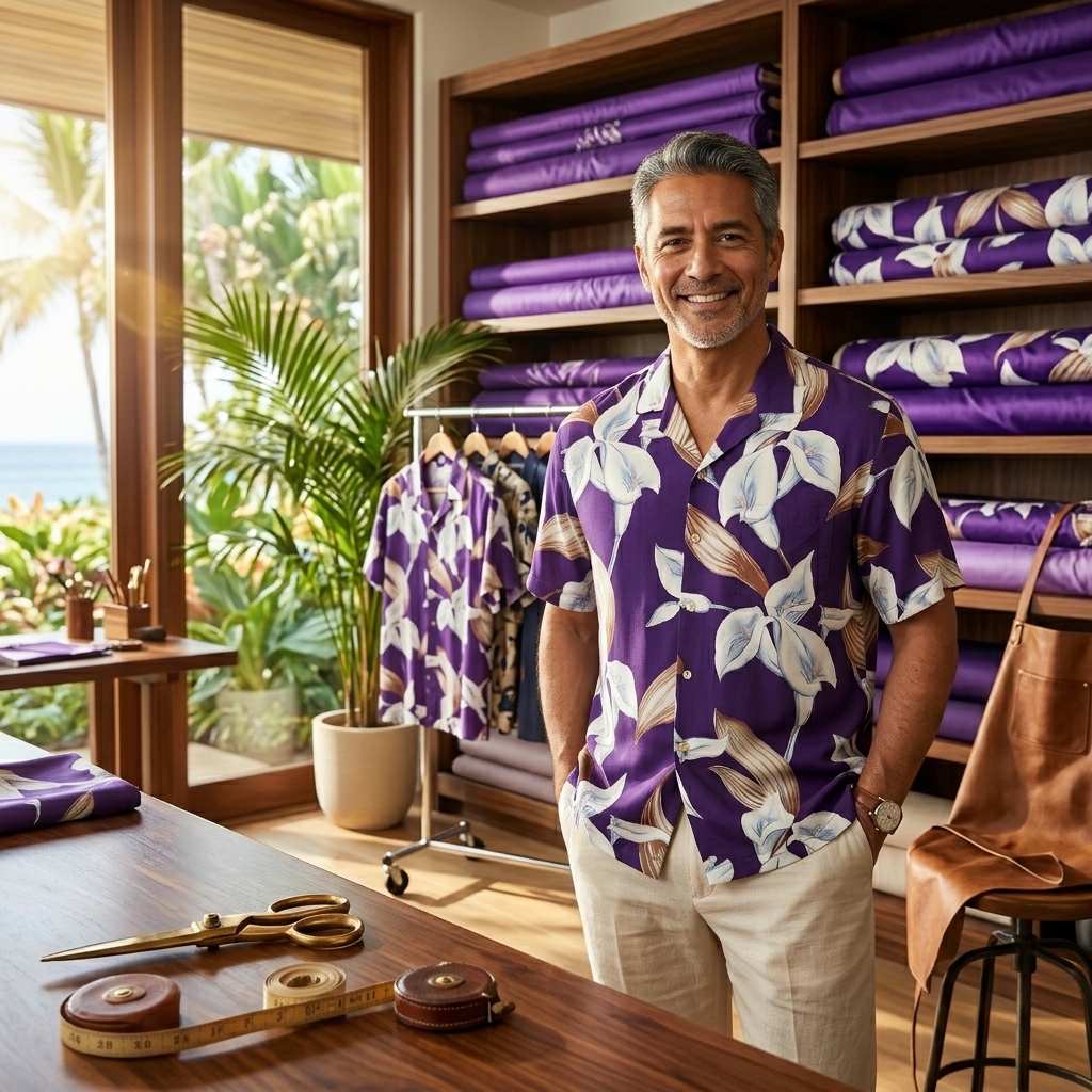 Man wearing authentic Hawaiian aloha shirt in tropical garden — AlohaClothes from Maui