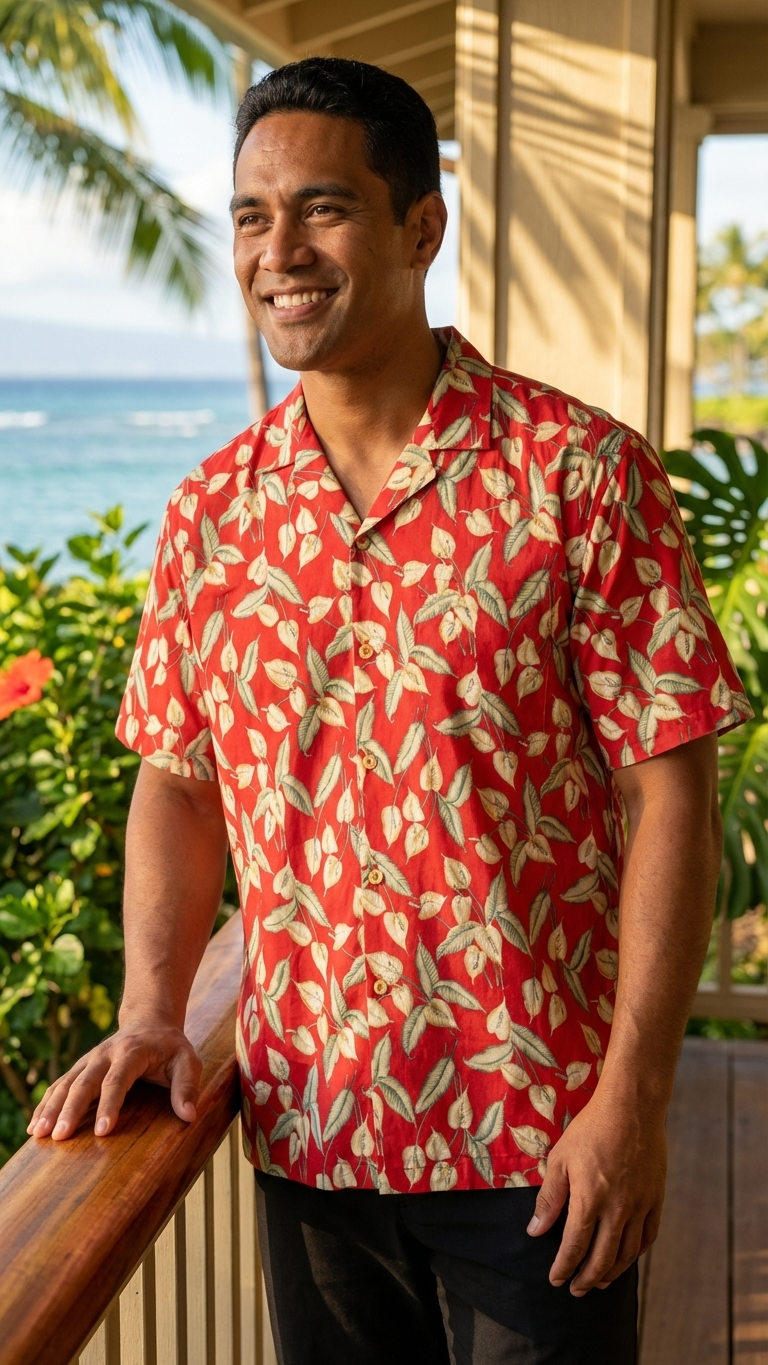 Man in red Hawaiian aloha shirt on Maui lanai — authentic island comfort